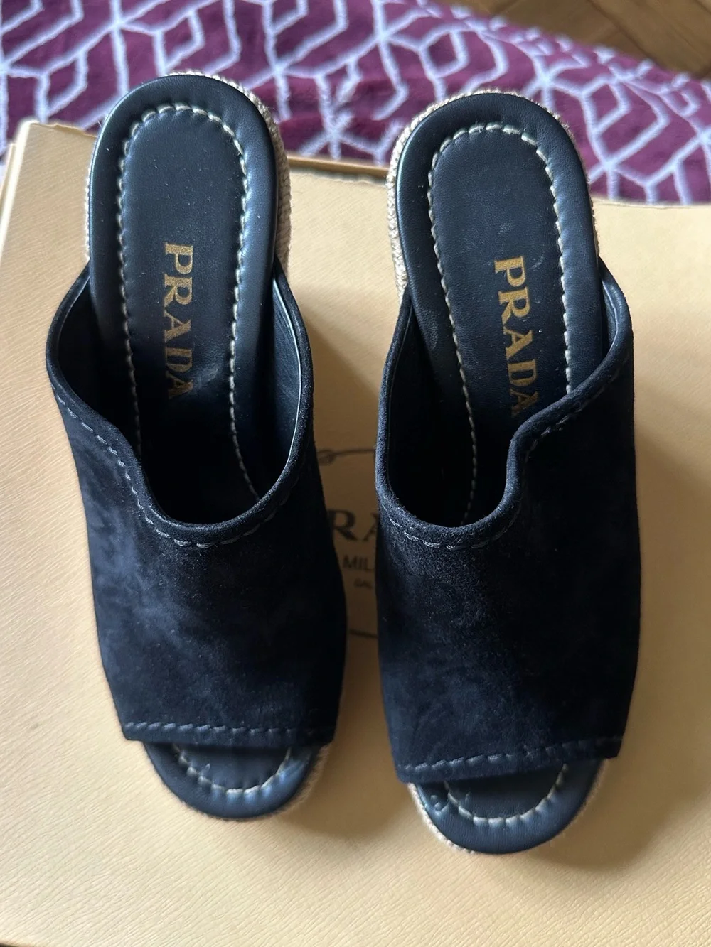 Prada Black Suede Espadrille Wedge Mules